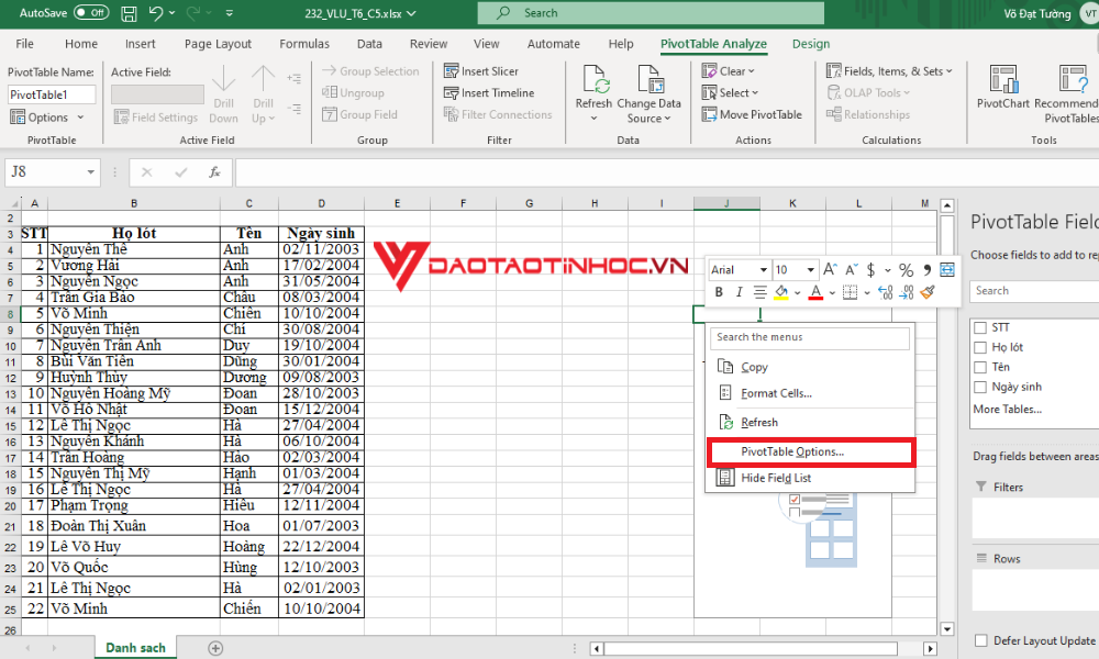 Cách sử dụng Pivot Table - Bước 3