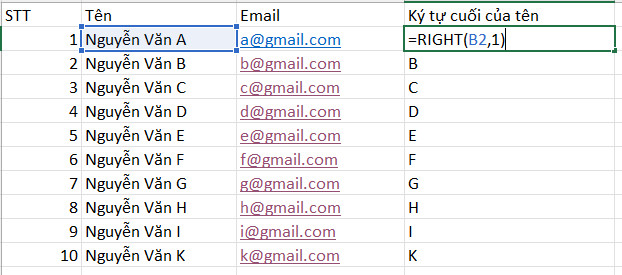 Cách tách ký tự trong Excel bằng hàm RIGHT