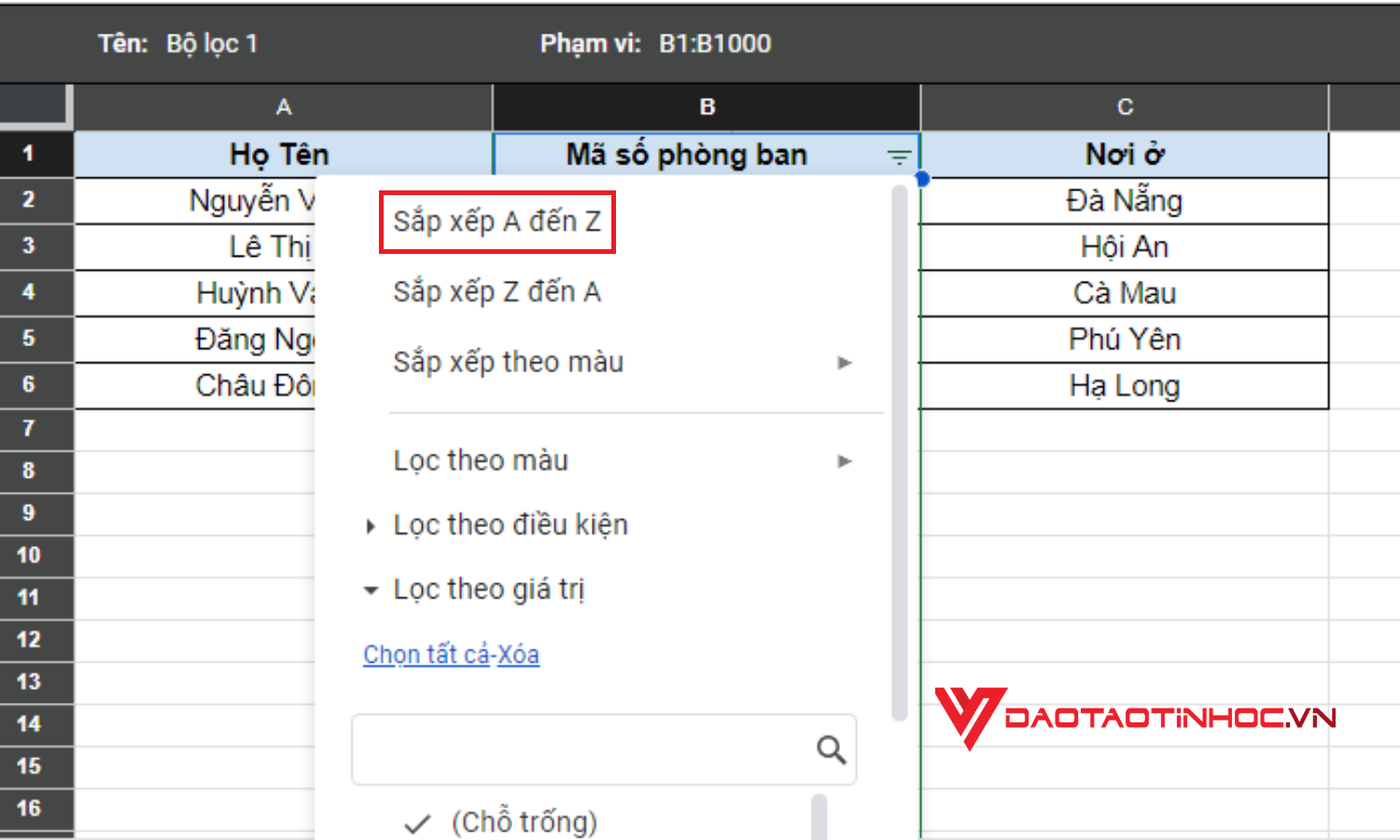 Cách tạo bộ lọc trong Google Sheet - Bước 3