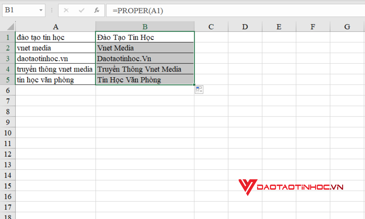 Chuyển chữ thường thành chữ hoa trong Excel bằng hàm PROPER - Kết quả