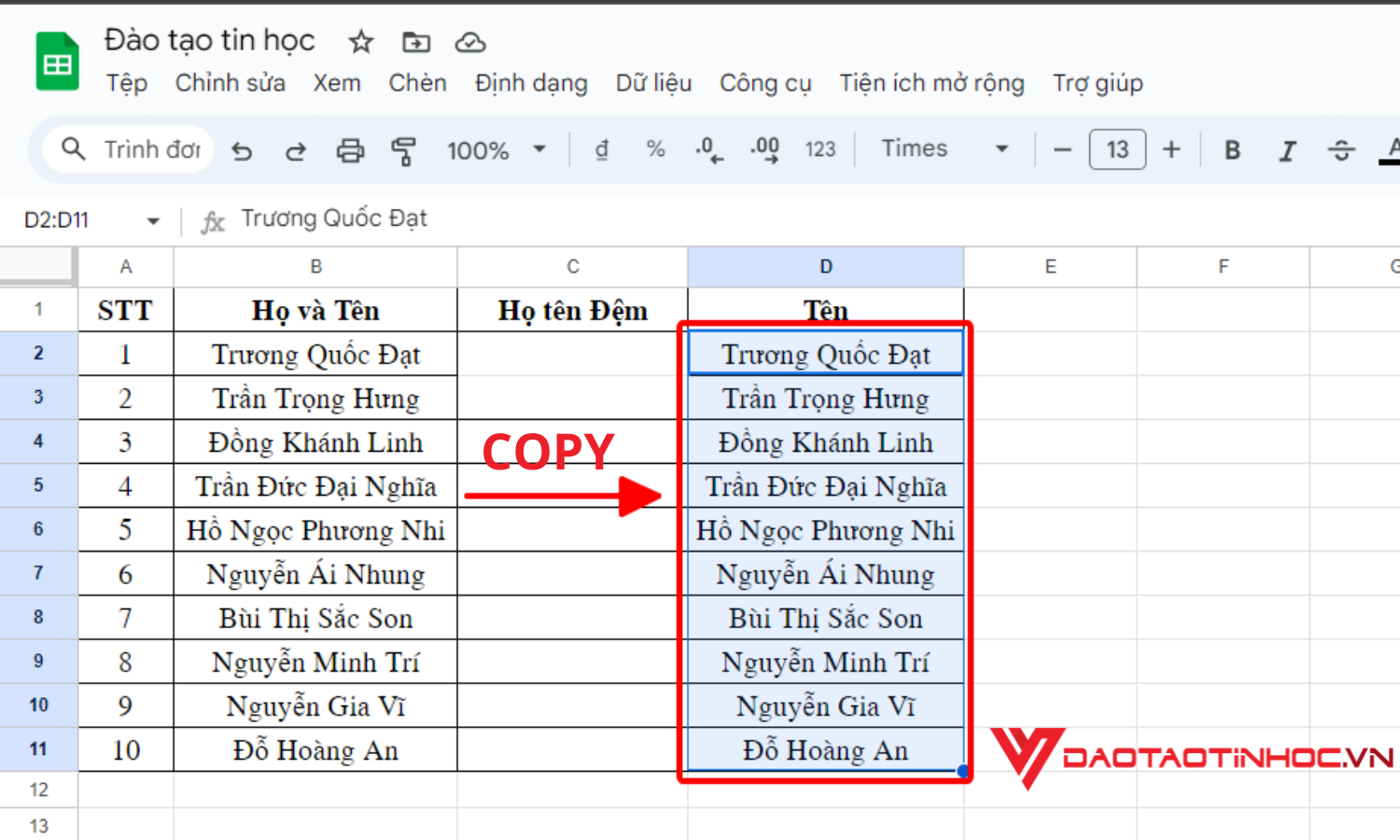 Copy dữ liệu cần tách họ và tên