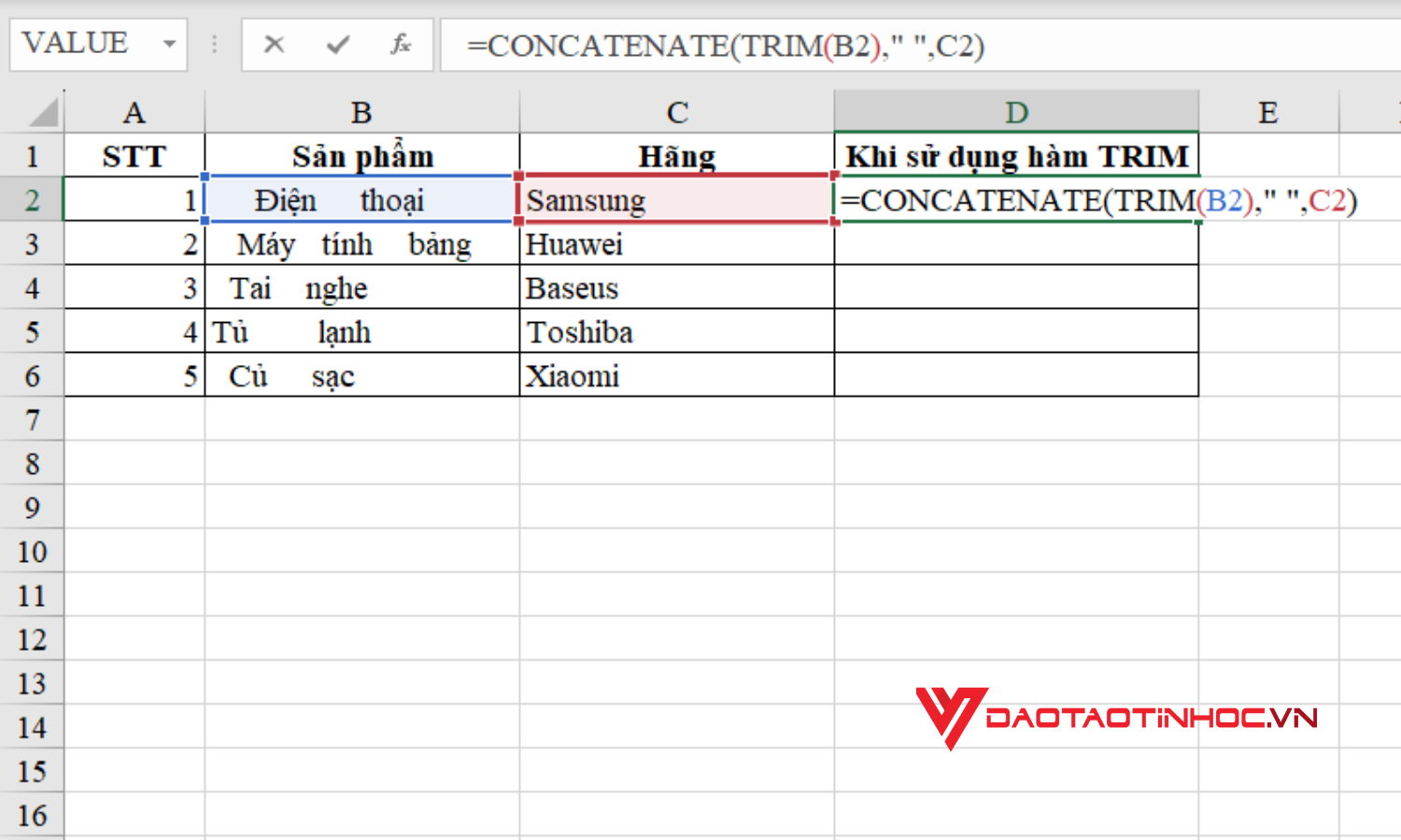 Hướng dẫn cách dùng hàm TRIM Excel kết hợp hàm CONCATENATE - Bước 1