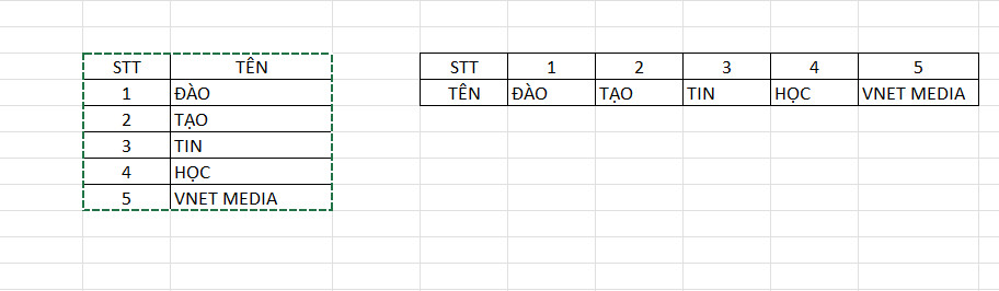Kết quả sau khi chuyển hàng thành cột trong Excel