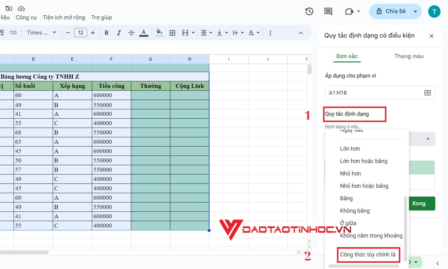 Thao tác thực hiện tô màu ô trùng trong Google Sheet - Bước 4