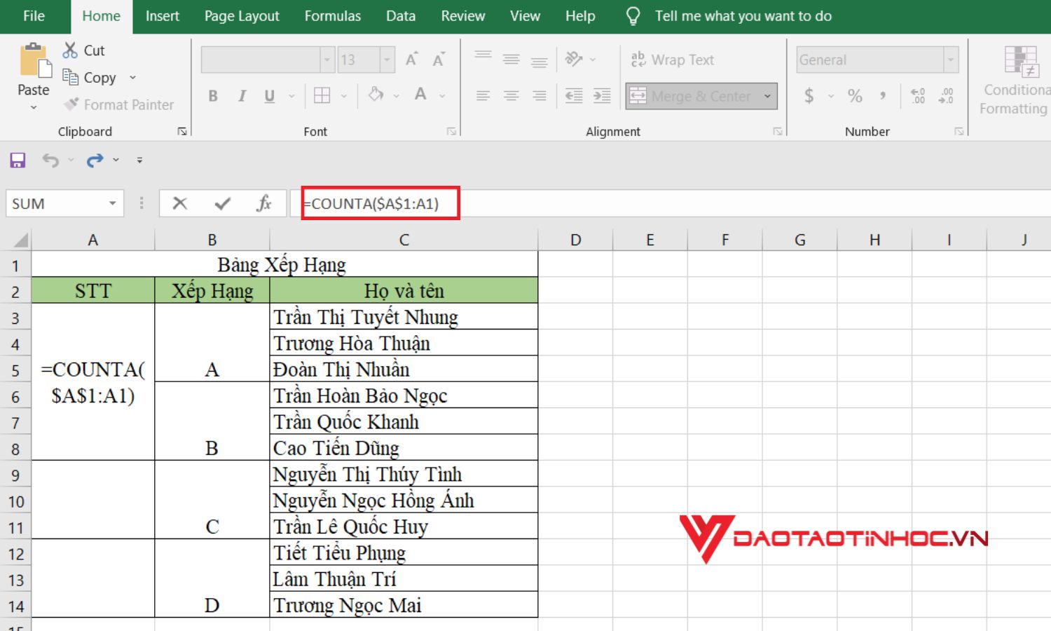 Cách đánh số thứ tự khi gộp ô trong Excel bằng hàm COUNTA - bước 2