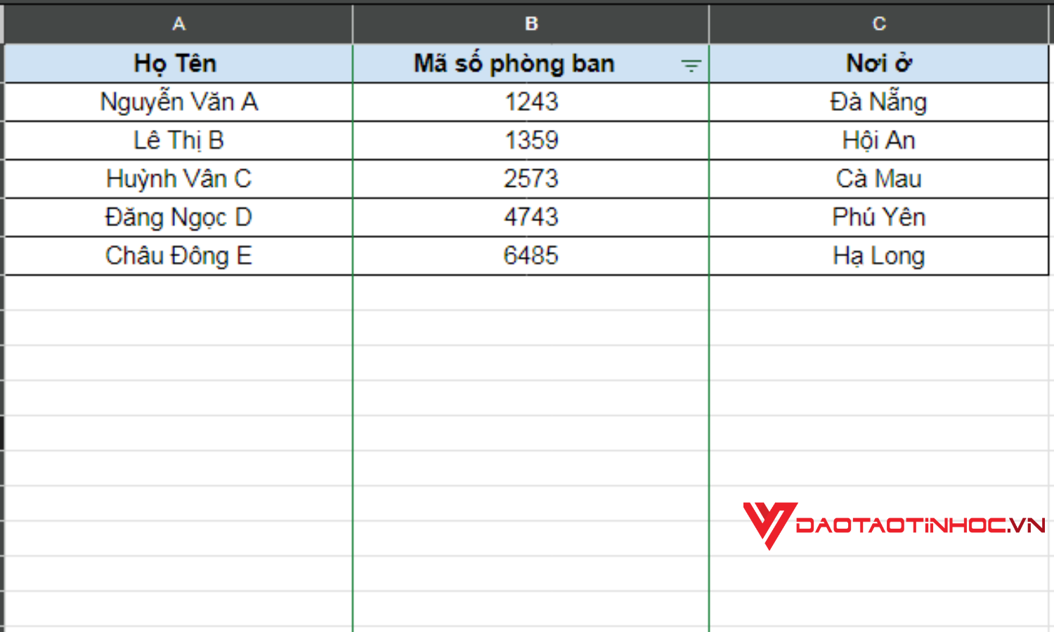 Cách tạo bộ lọc trong Google Sheet - Kết quả bước 3