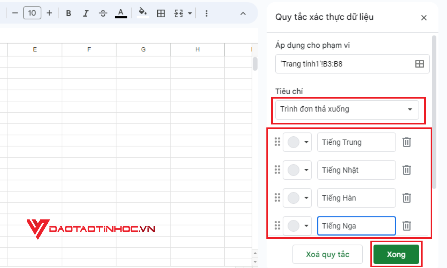 Cách tạo lựa chọn trong Google Sheet bằng dữ liệu tự nhập - Bước 4