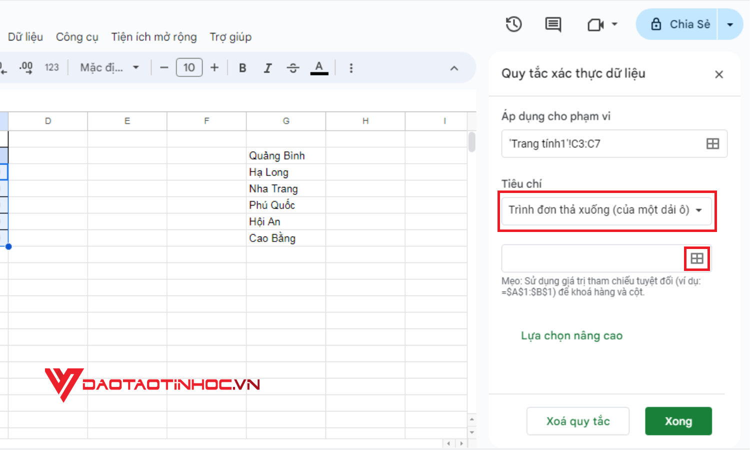 Cách tạo lựa chọn trong Google Sheet khi đã có sẵn dữ liệu trong bảng tính - Bước 4