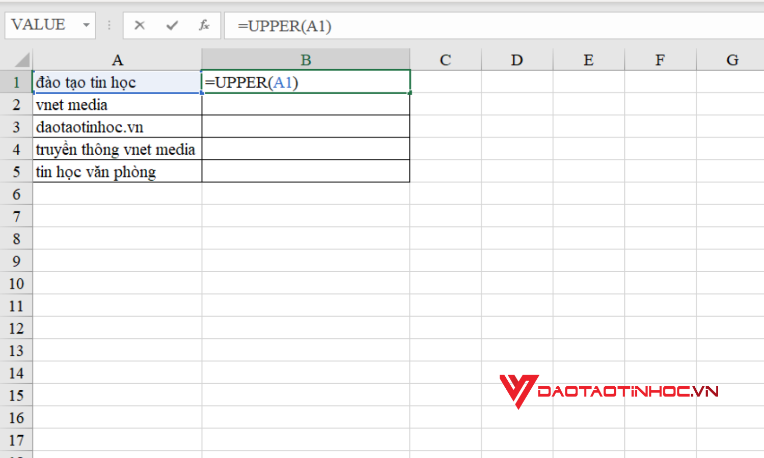 Chuyển chữ thường thành chữ hoa trong Excel bằng hàm UPPER - Bước 1