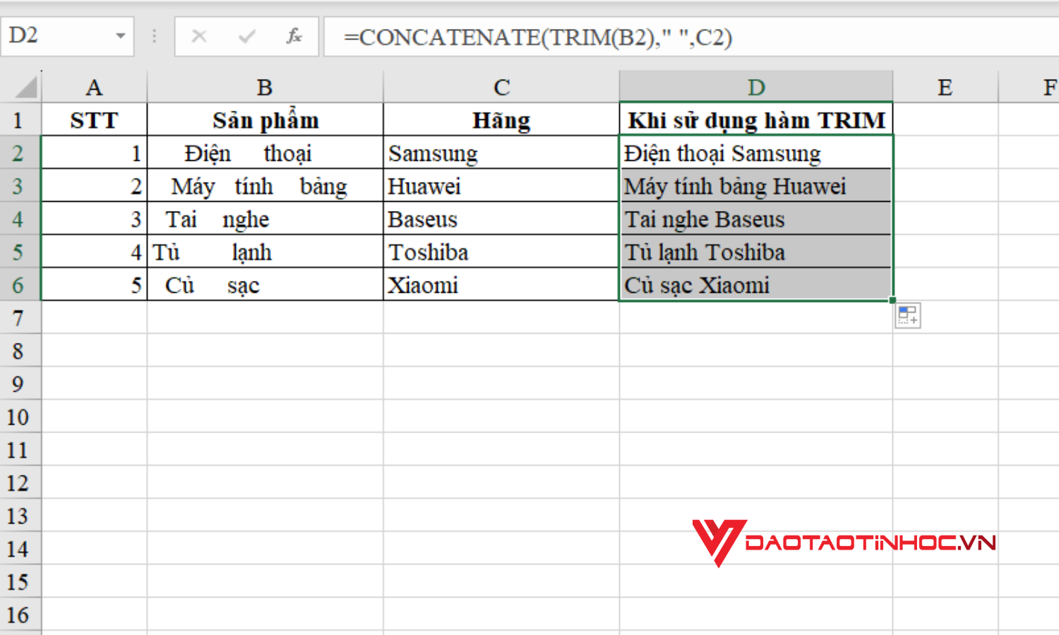 Hướng dẫn cách dùng hàm TRIM Excel kết hợp hàm CONCATENATE - Bước 2