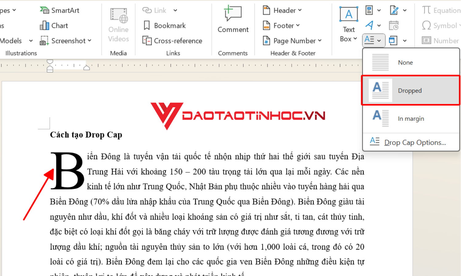 Kết quả định dạng chữ cái đầu với Dropped