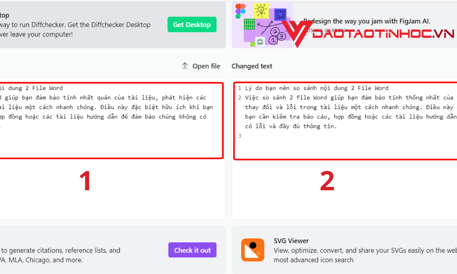Sử dụng công cụ Diffchecker để so sánh nội dung 2 file Word