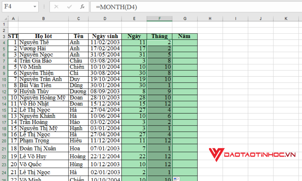 Tách ngày tháng năm trong Excel - Bước 2