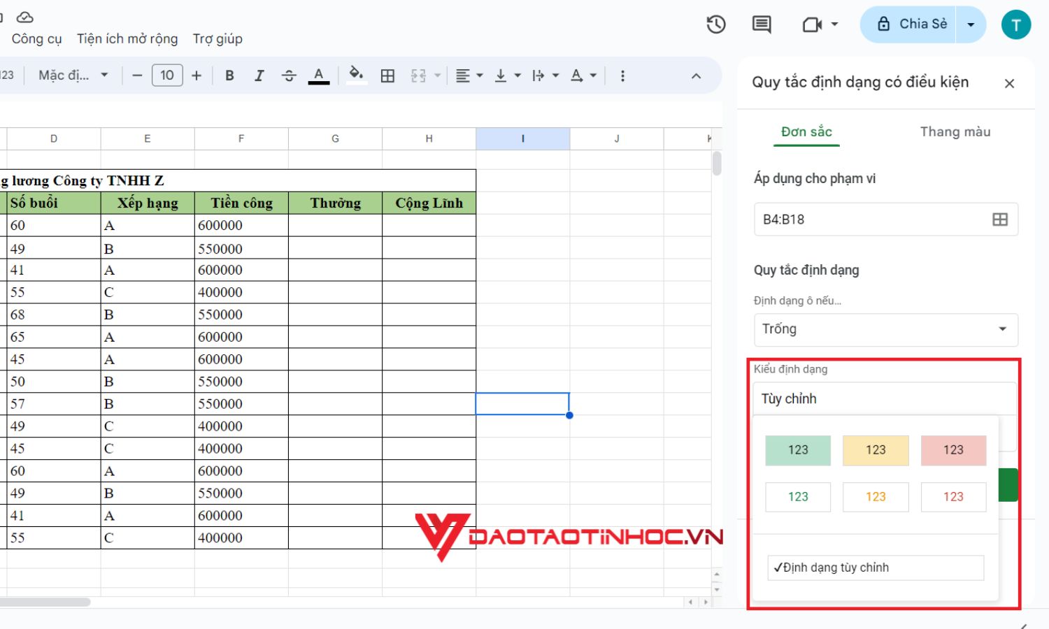Thao tác thực hiện tô màu ô trùng trong Google Sheet - Bước 5