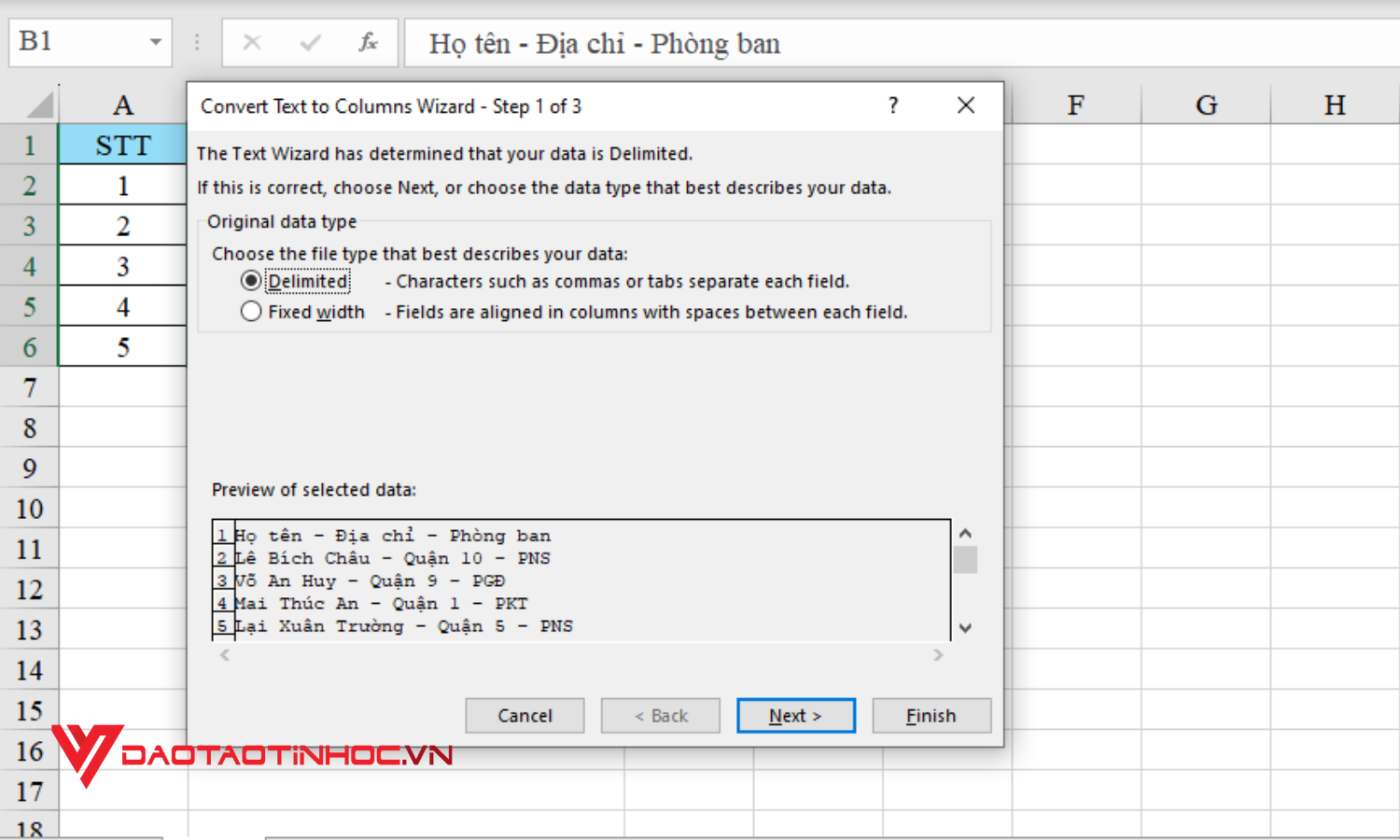 Cách chia 1 ô thành nhiều ô trong Excel bằng Text to Columns - Bước 3