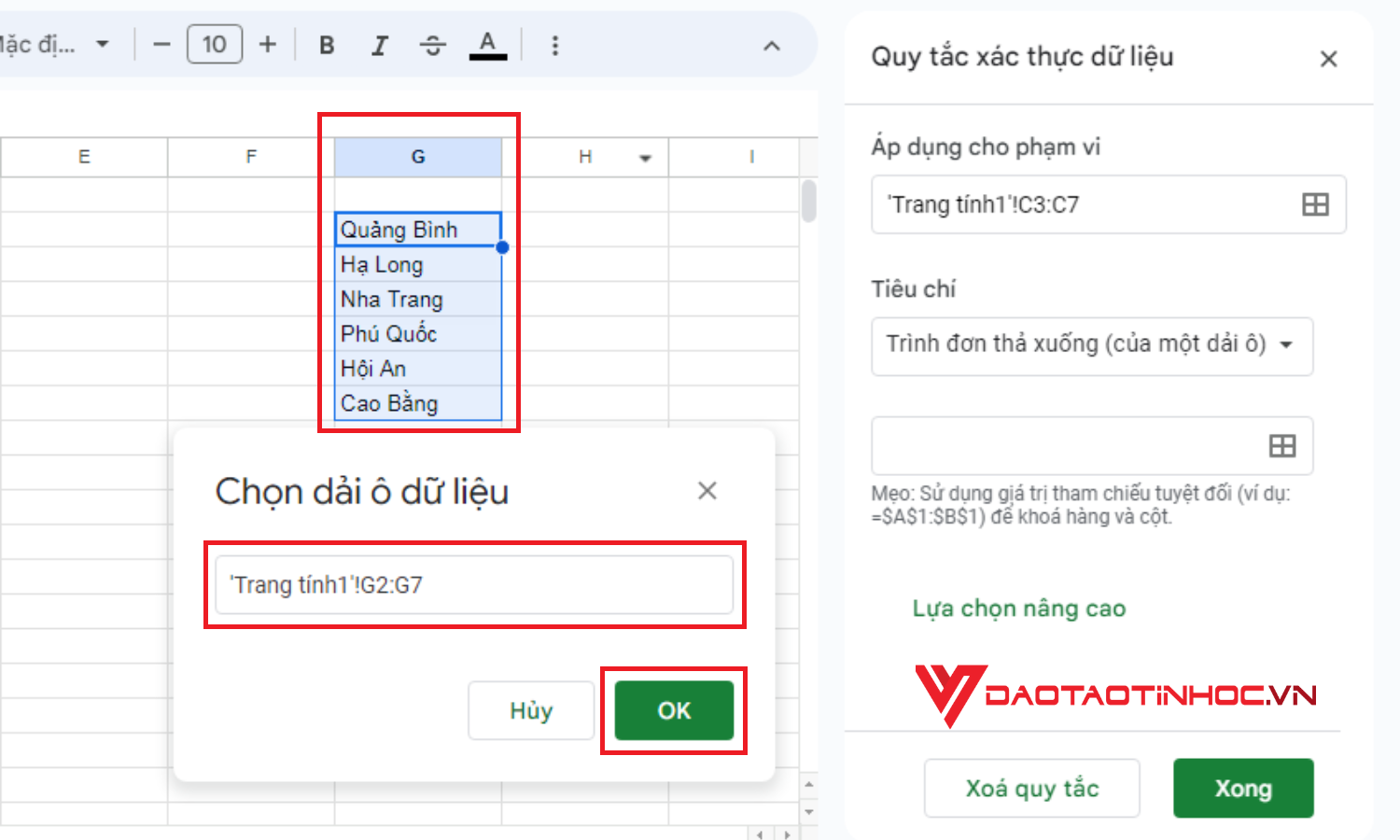 Cách tạo lựa chọn trong Google Sheet khi đã có sẵn dữ liệu trong bảng tính - Bước 5