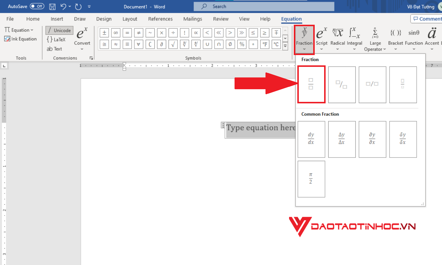 Cách viết phân số trong Word bằng tính năng Equation - Bước 2