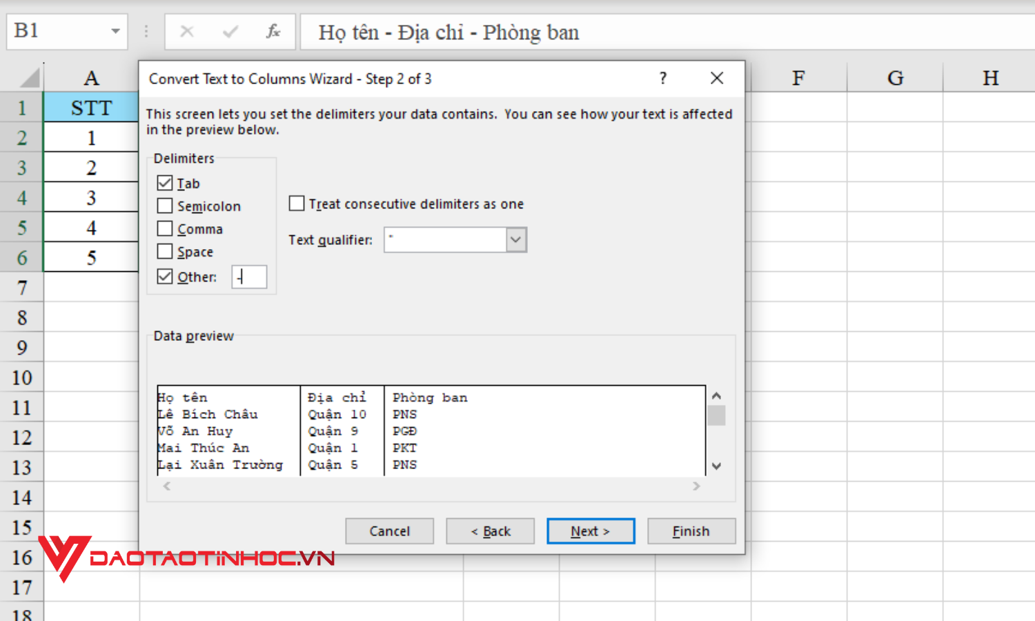 Cách chia 1 ô thành nhiều ô trong Excel bằng Text to Columns - Bước 4