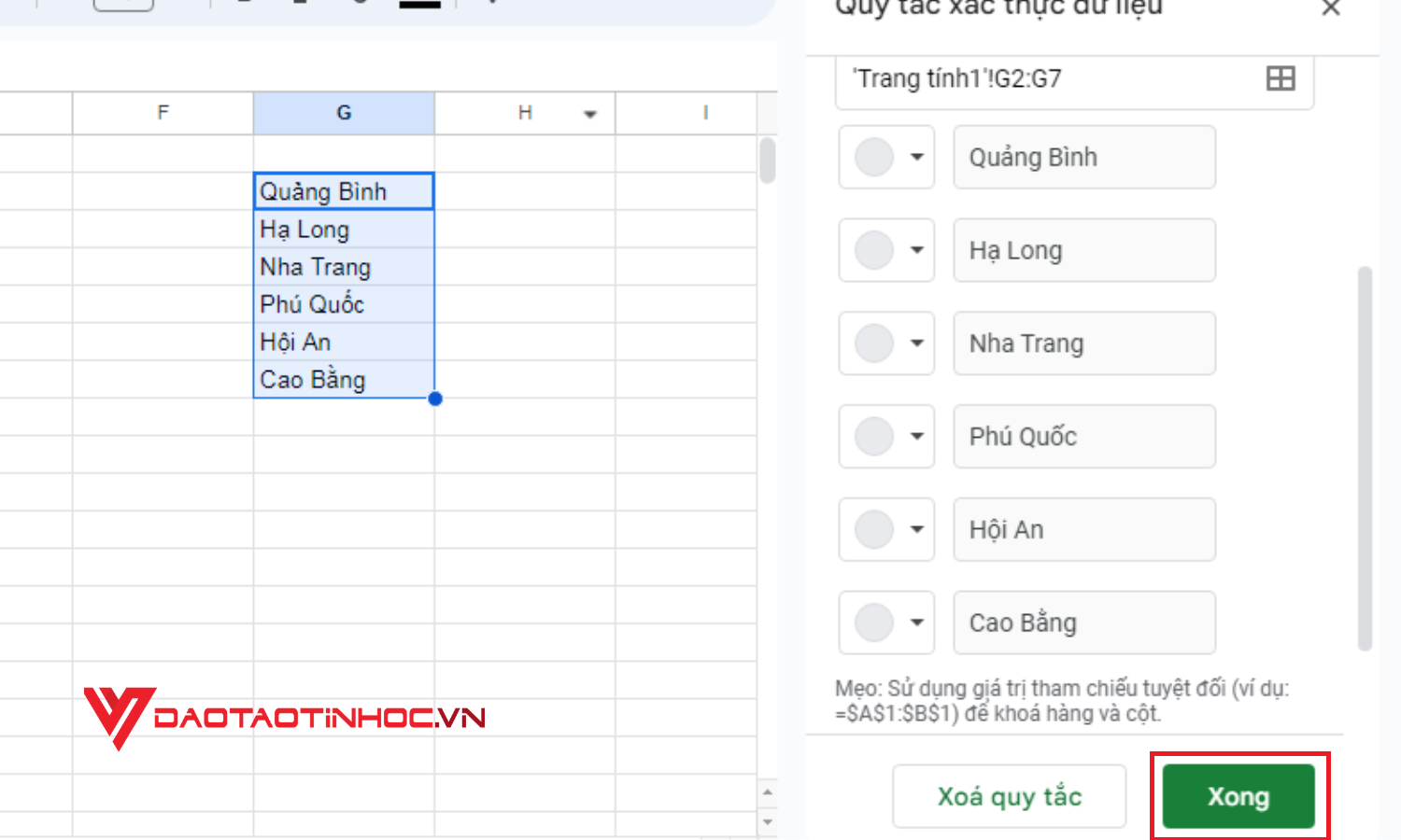 Cách tạo lựa chọn trong Google Sheet khi đã có sẵn dữ liệu trong bảng tính - Bước 6