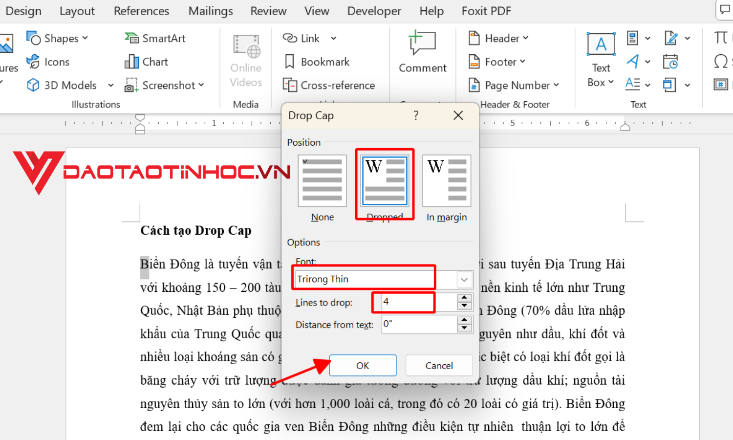Chọn Drop Cap Options để điều chỉnh định dạng tùy ý