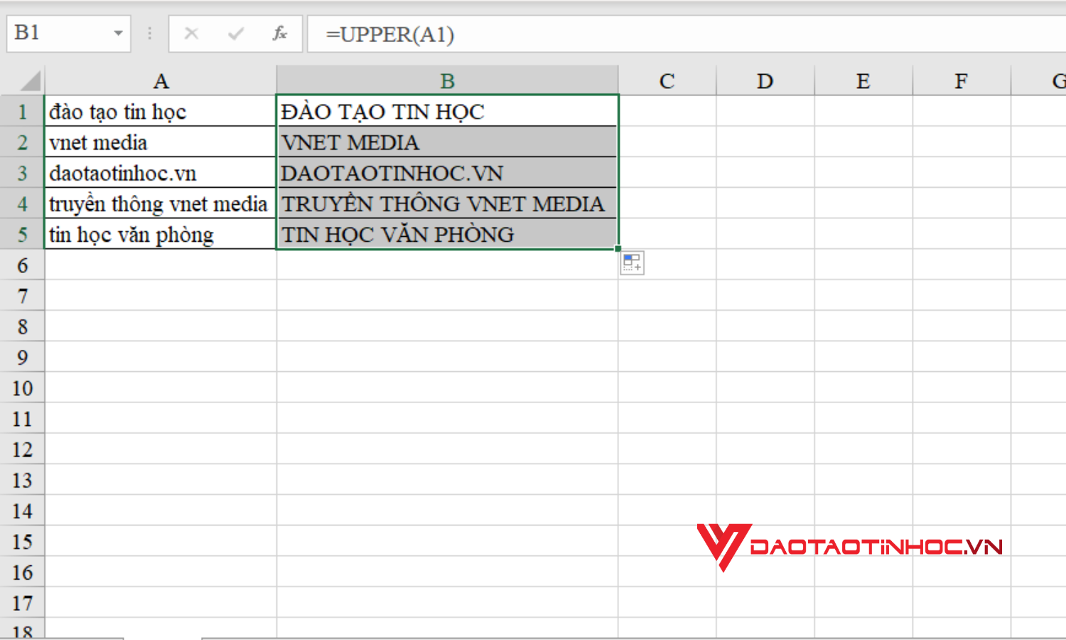 Chuyển chữ thường thành chữ hoa trong Excel bằng hàm UPPER - Kết quả