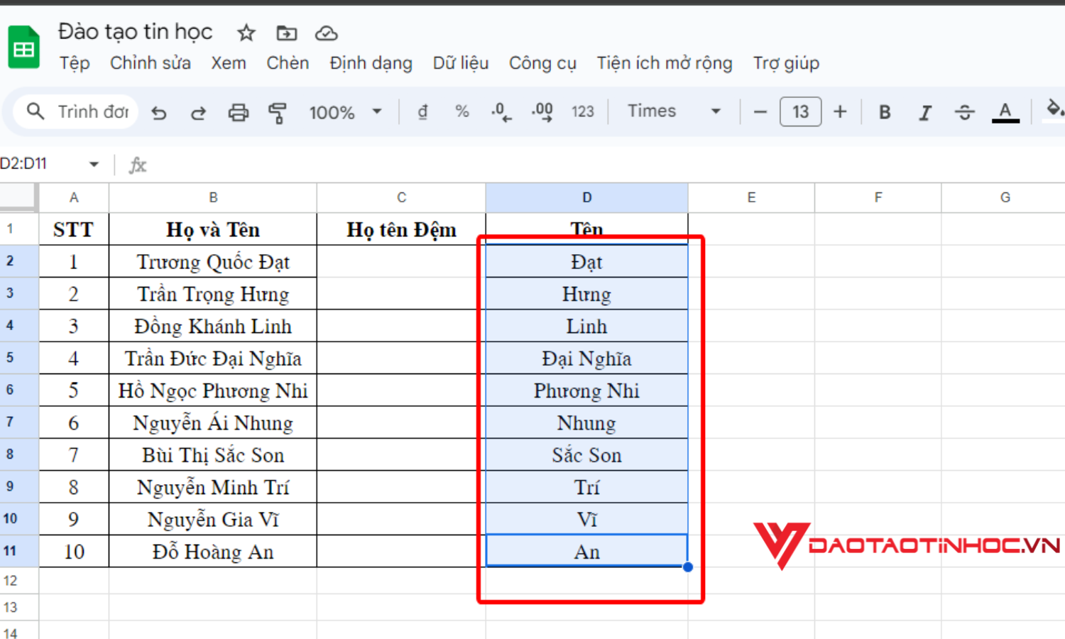 Dữ liệu sau khi đã được tách tên 