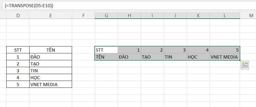 Kết quả dùng hàm TRANSPOSE chuyển cột thành hàng trong Excel