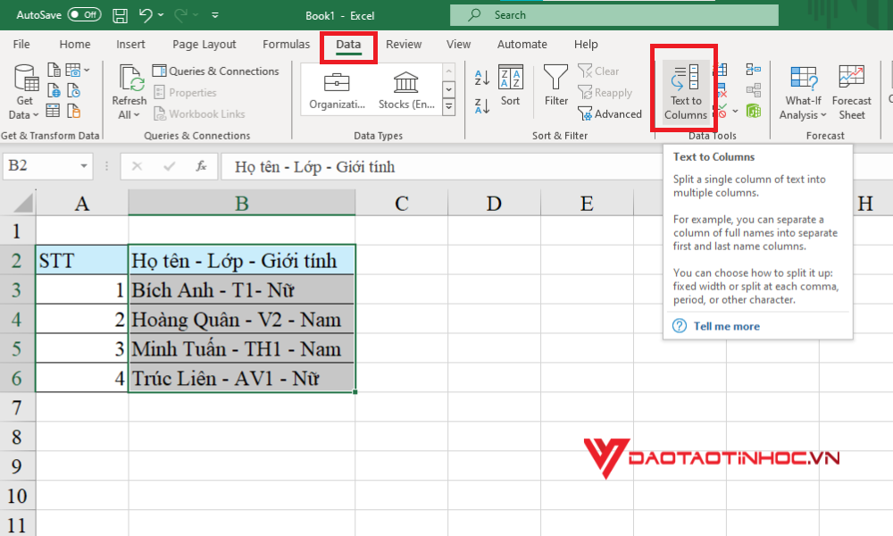 Cách tách 1 ô thành nhiều ô trong Excel - Bước 2