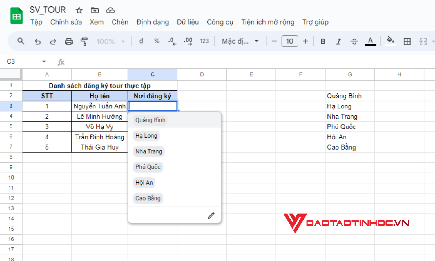 Cách tạo lựa chọn trong Google Sheet khi đã có sẵn dữ liệu trong bảng tính - Kết quả