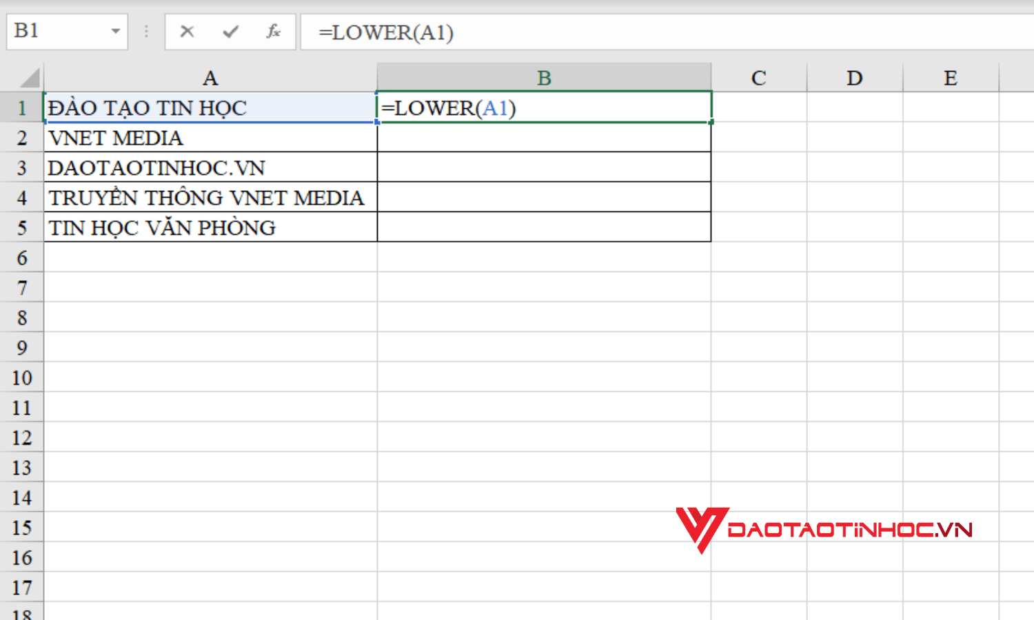 Chuyển chữ hoa thành chữ thường trong Excel bằng hàm LOWER - Bước 1