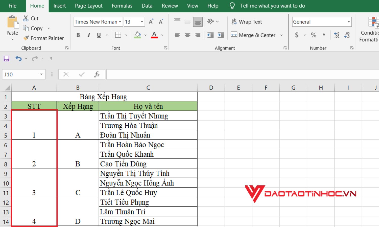 Cách đánh số thứ tự khi gộp ô trong Excel bằng hàm MAX - bước 3