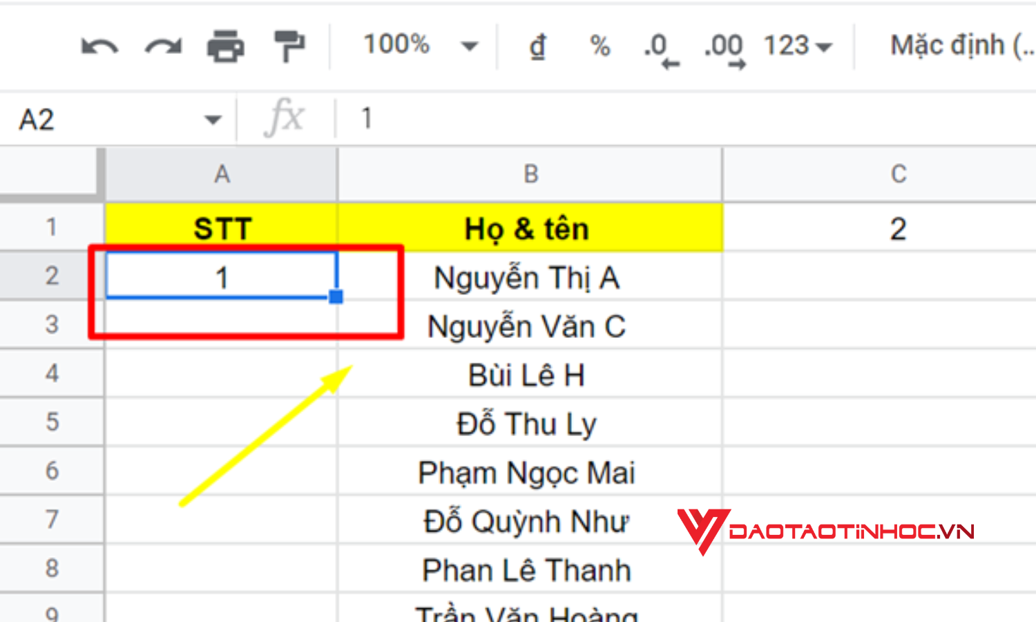 Cách đánh số thứ tự trong Google Sheet bằng cách cộng thêm 1 vào số của ô trước đó - Bước 1