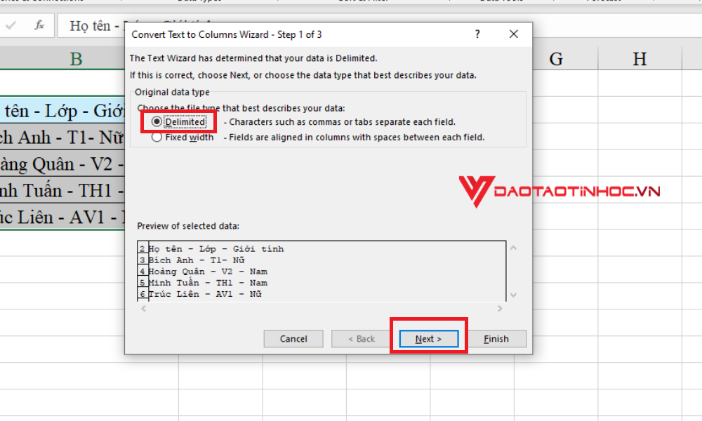 Cách tách 1 ô thành nhiều ô trong Excel - Bước 3