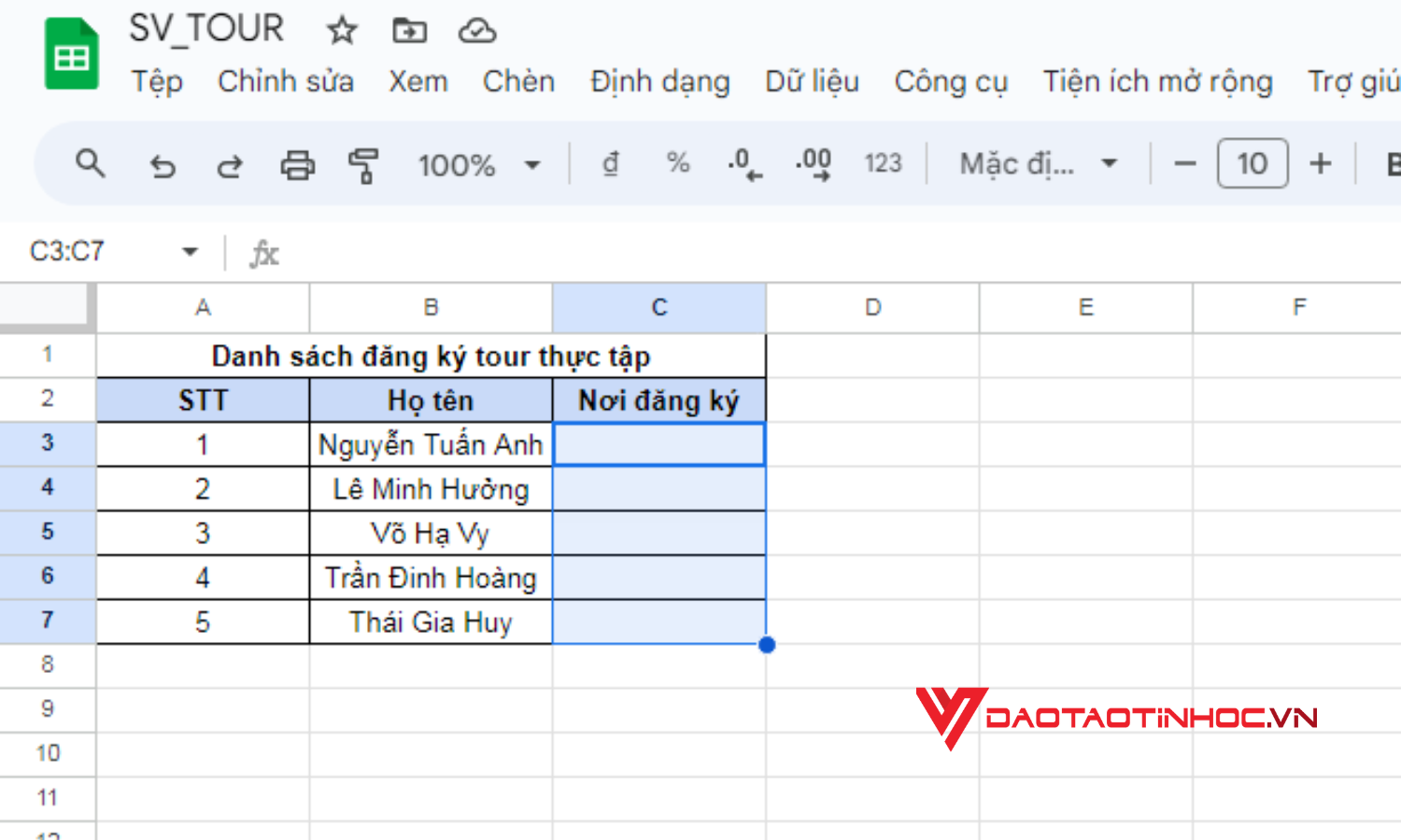 Cách tạo lựa chọn trong Google Sheet bằng cách tự nhập dữ liệu - Bước 1