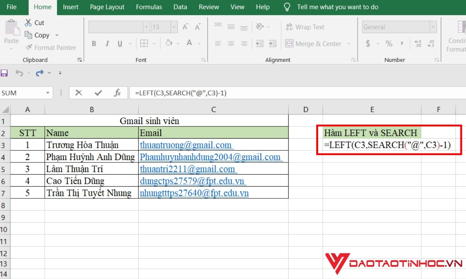  Dùng hàm kết hợp Left và Search để tách chữ trong Excel - bước 2