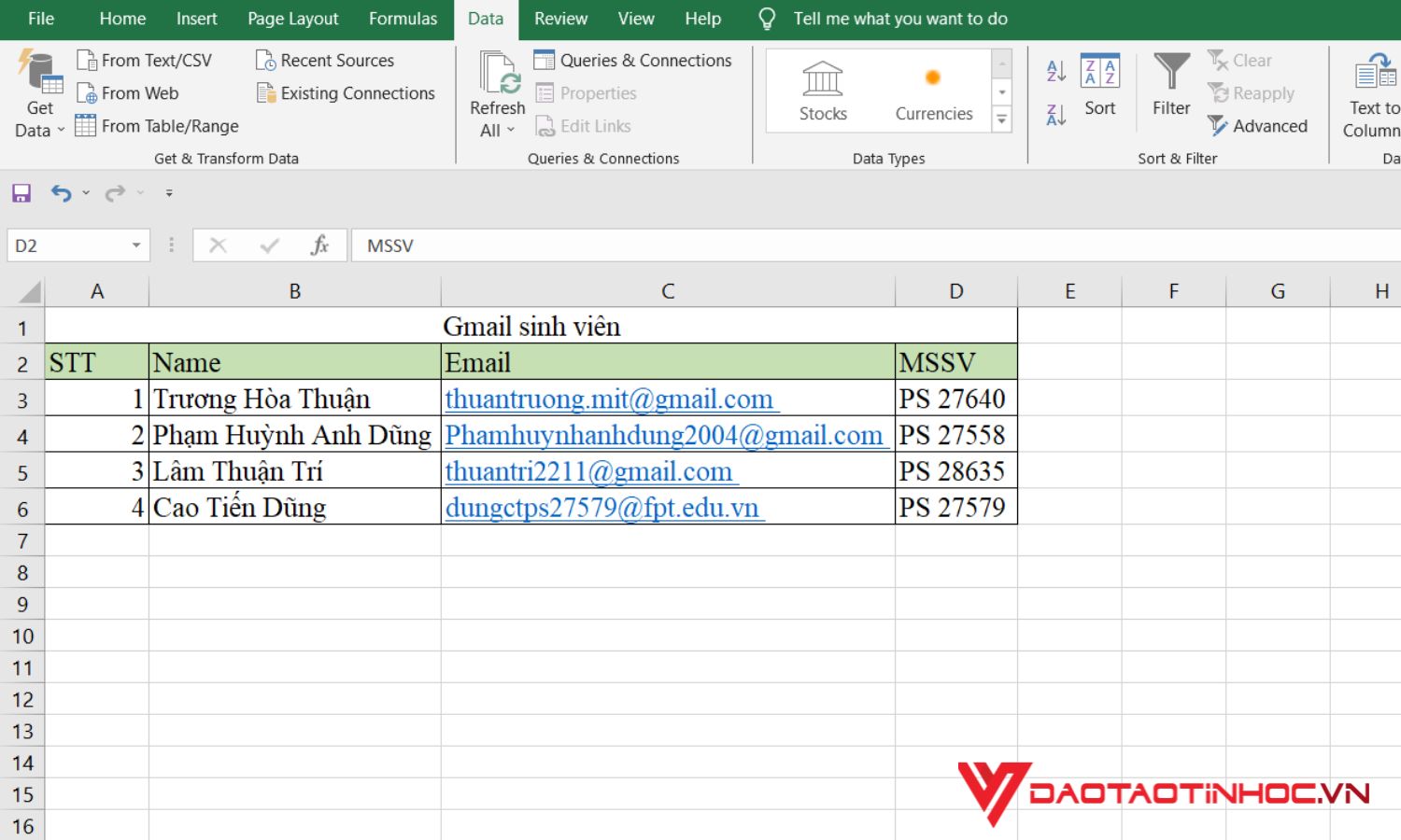 Xóa dữ liệu trùng nhau bằng hàm Remove Duplicate - kết quả