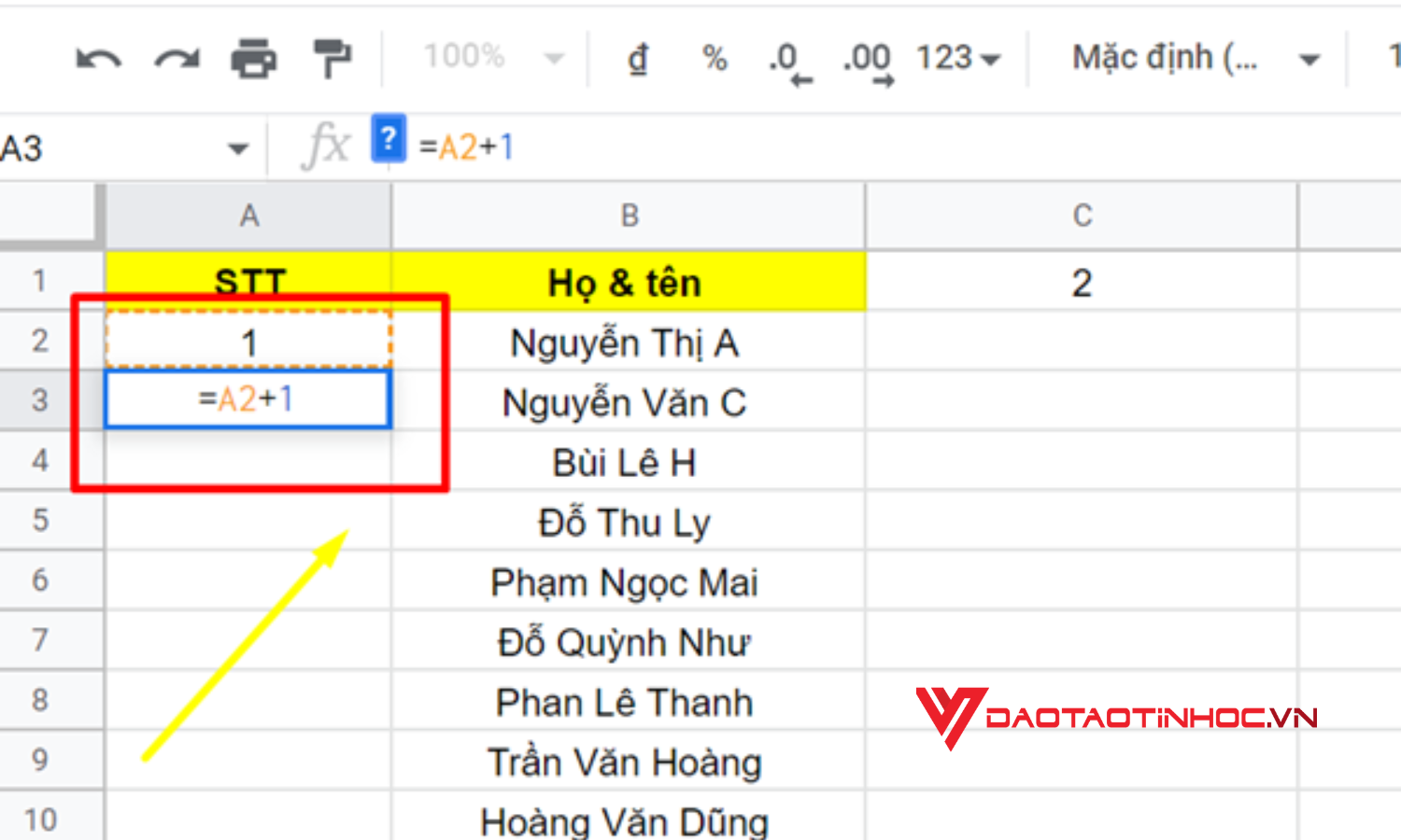 Cách đánh số thứ tự trong Google Sheet bằng cách cộng thêm 1 vào số của ô trước đó - Bước 2