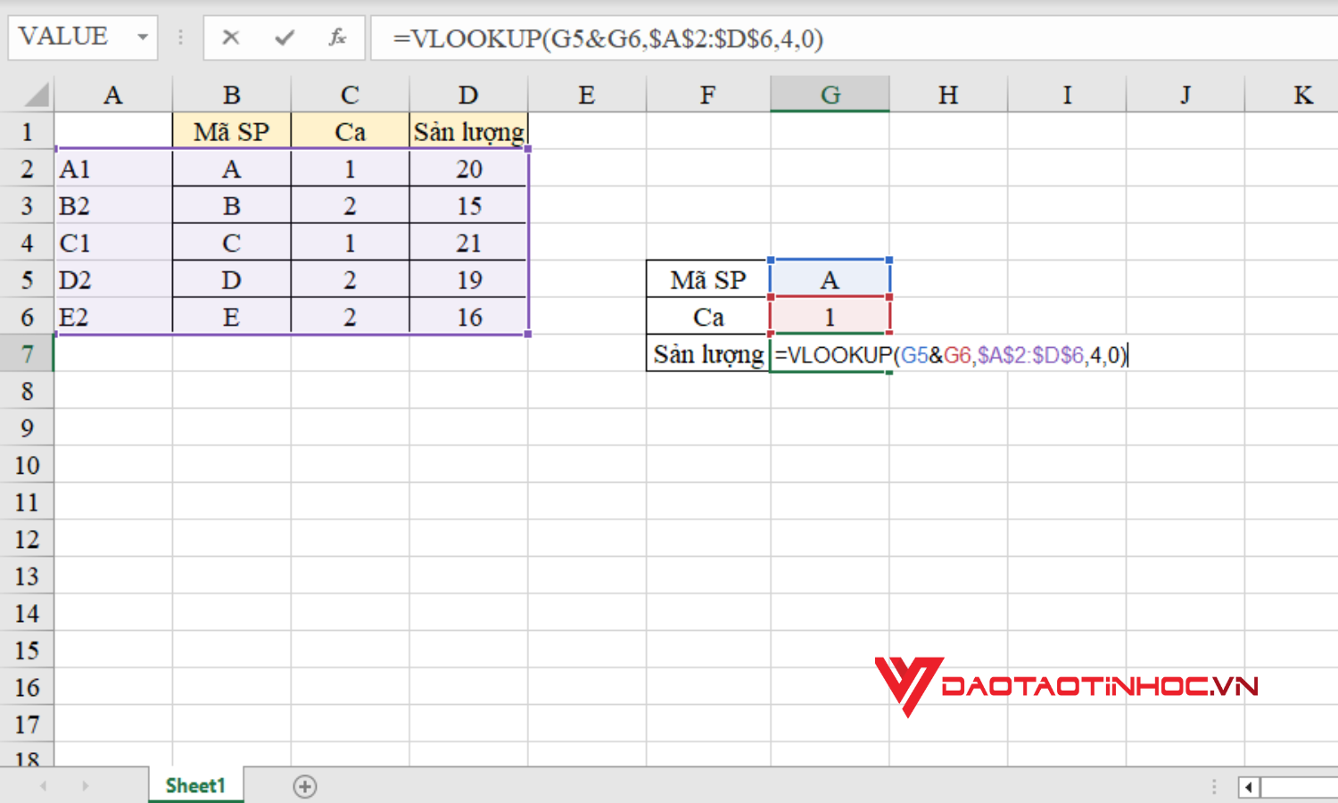 Cách sử dụng hàm VLOOKUP nhiều điều kiện - Bước 2