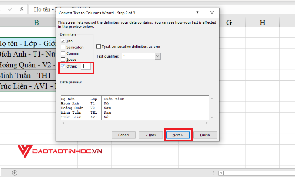 Cách tách 1 ô thành nhiều ô trong Excel - Bước 4