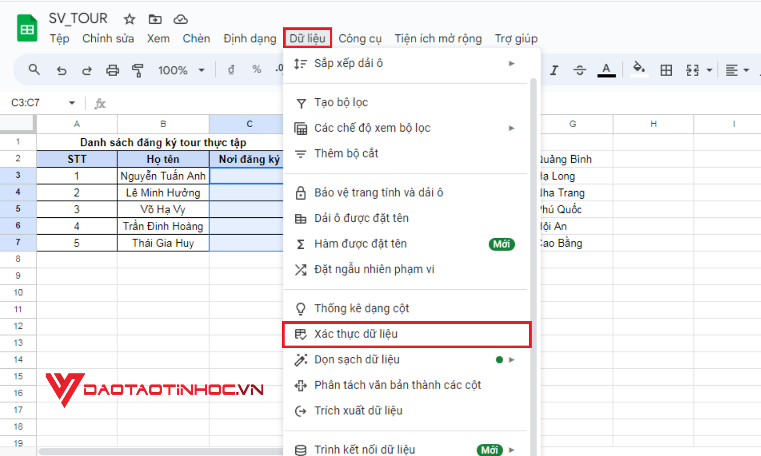 Cách tạo lựa chọn trong Google Sheet bằng cách tự nhập dữ liệu - Bước 2