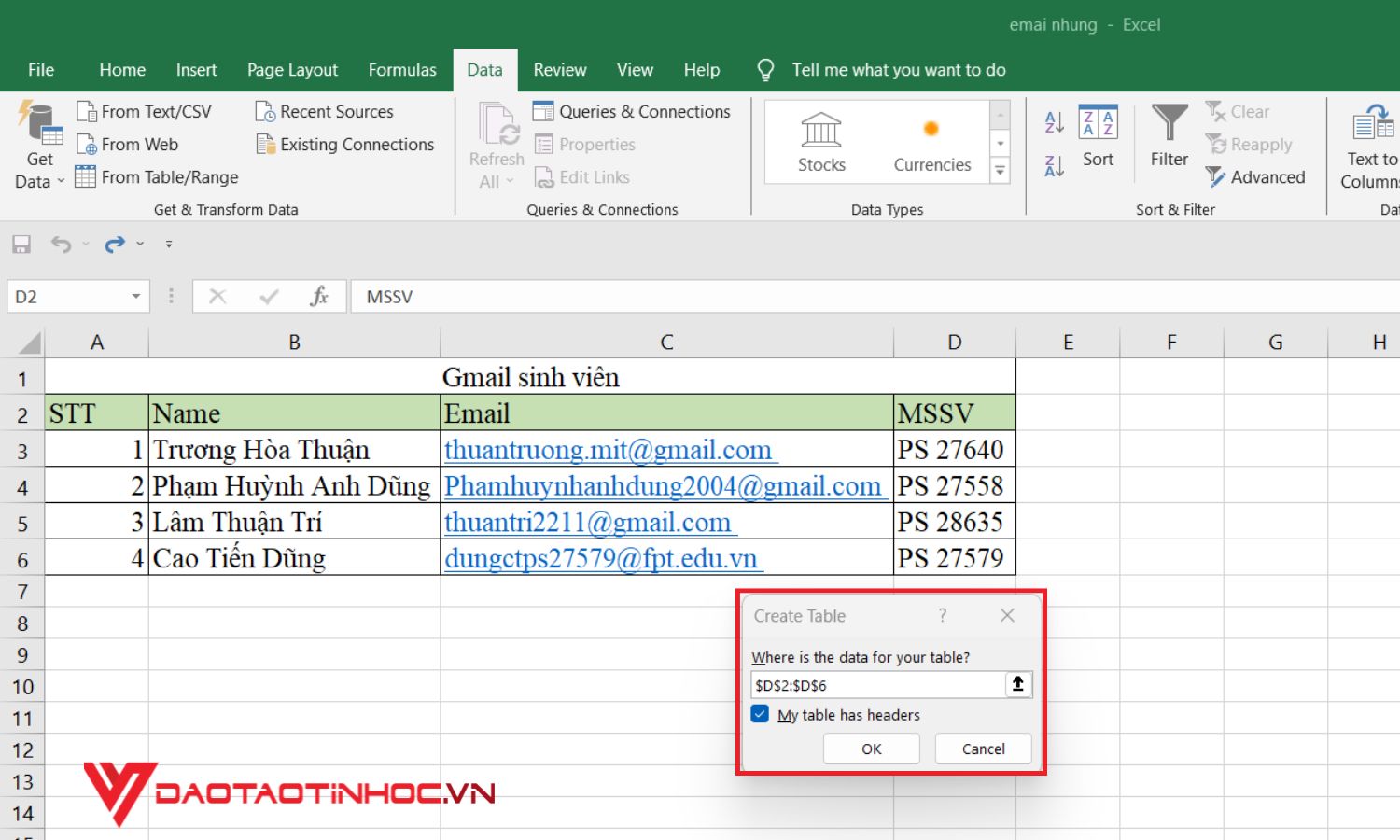 Xóa dữ liệu trùng nhau bằng hàm Power Query - bước 1