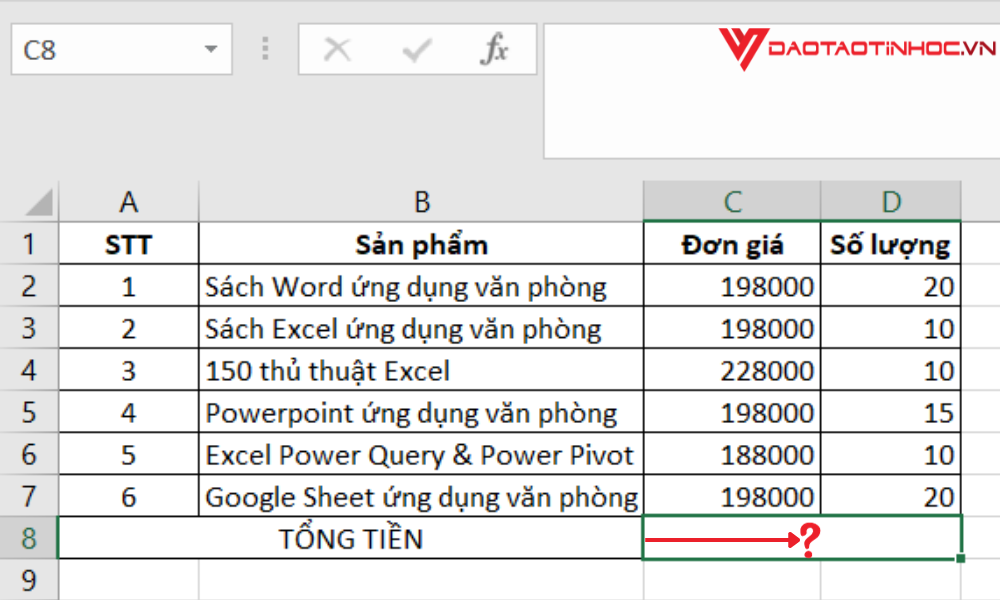 Cách dùng hàm SUMPRODUCT trong Excel bước 1