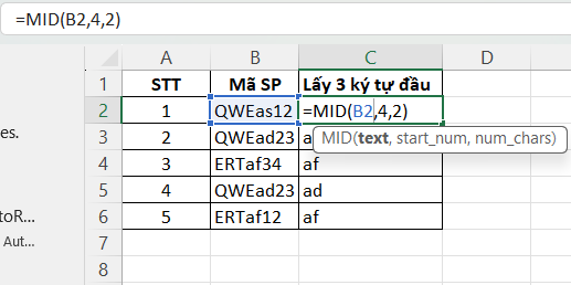 Cách lấy ký tự giữa trong Excel