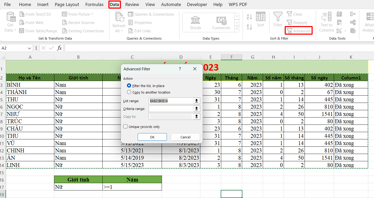 Cách lọc dữ liệu trong Excel nâng cao 1