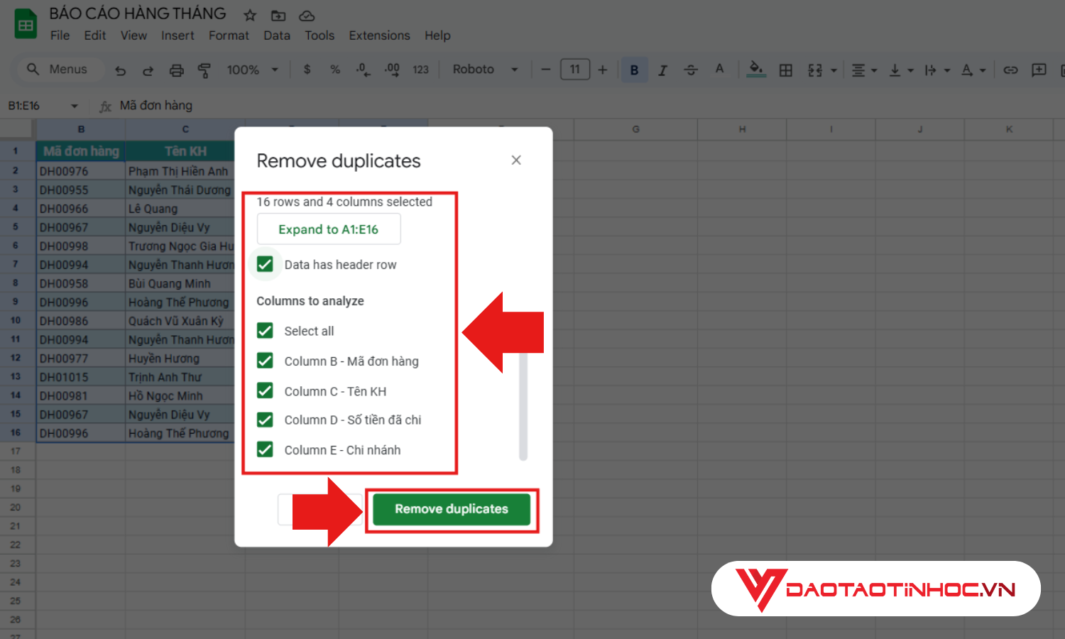 Cách lọc dữ liệu trùng nhau trong Google Sheets bằng Remove Duplicates - Bước 3 