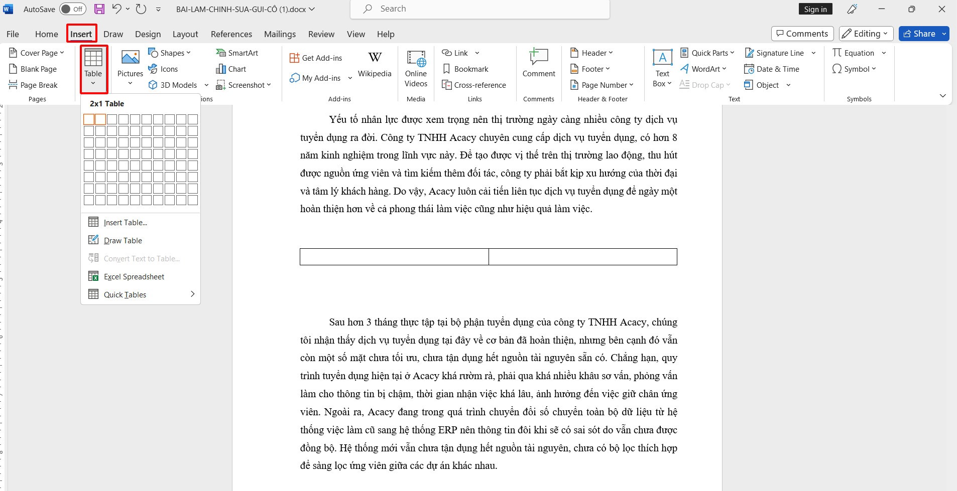 Chia văn bản thành 2 cột trong Word với Insert Table 