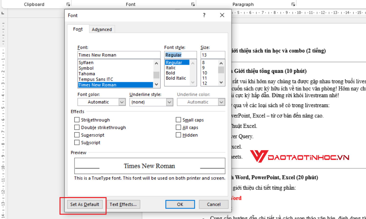 Chỉnh font chữ mặc định trong Word