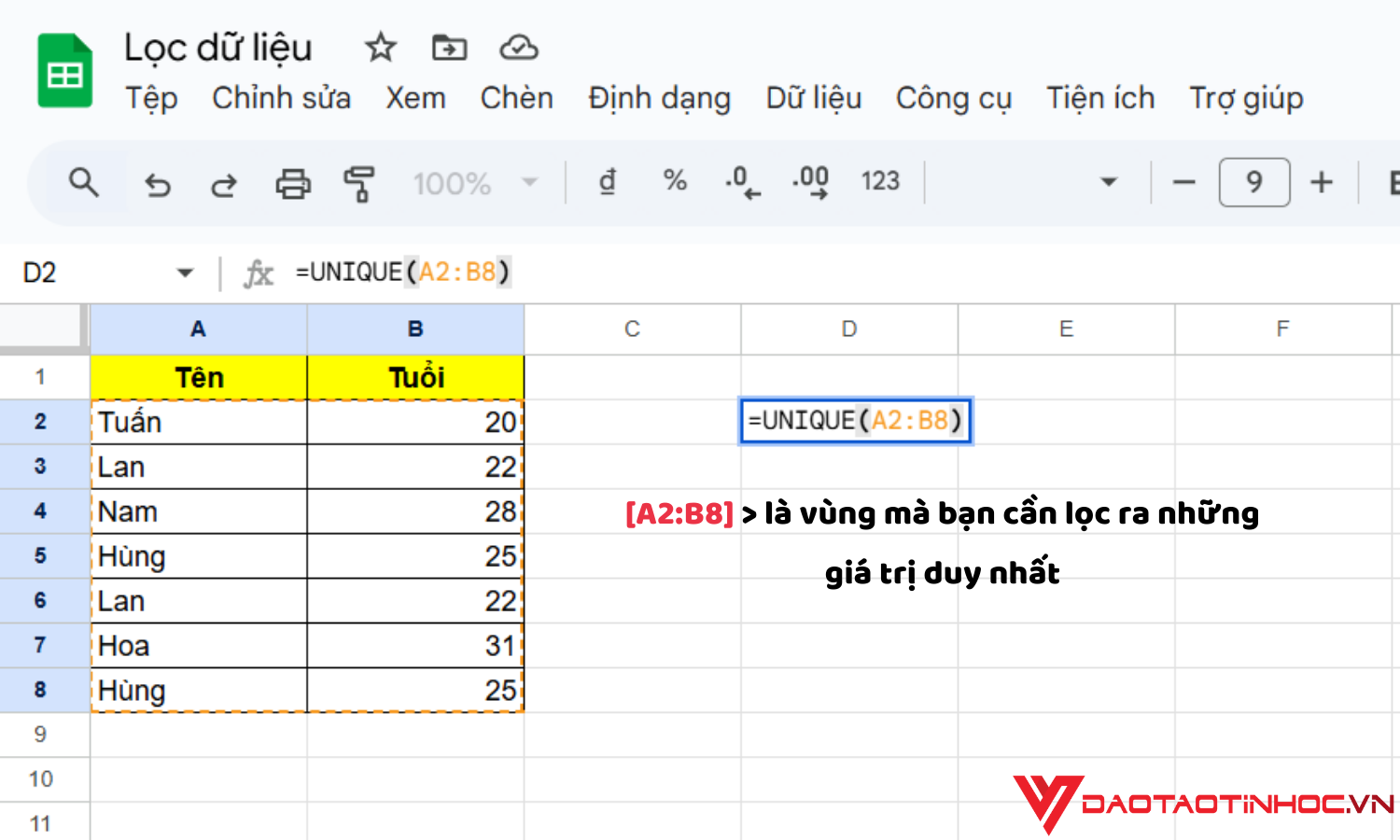 Công thức check dữ liệu bị trùng trong Google Sheet bằng hàm UNIQUE bước 1