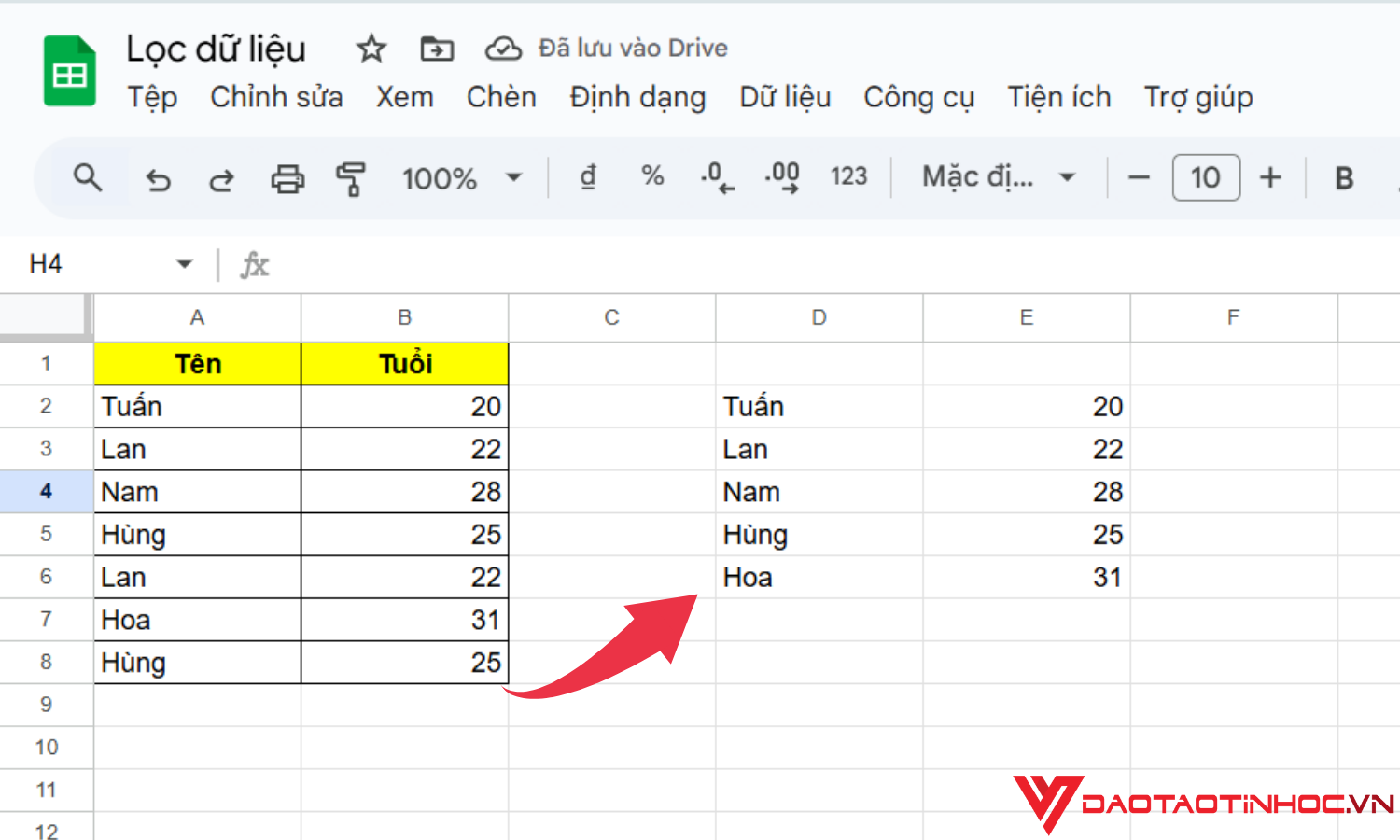 Công thức check dữ liệu bị trùng trong Google Sheet bằng hàm UNIQUE bước 2