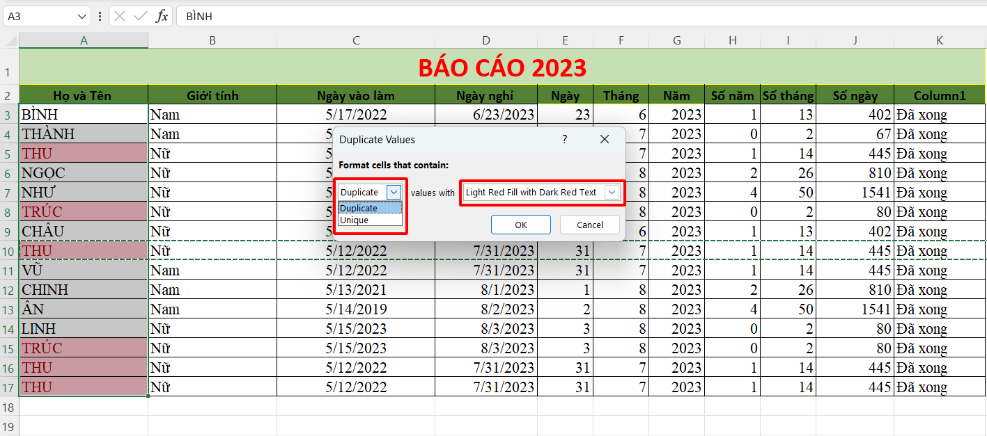 Dùng Duplicate Values để lọc dữ liệu trong Excel